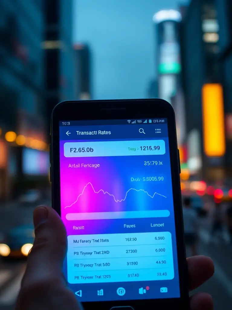 A visual representation of real-time currency conversion rates and transaction tracking on a mobile device, emphasizing transparency and control.