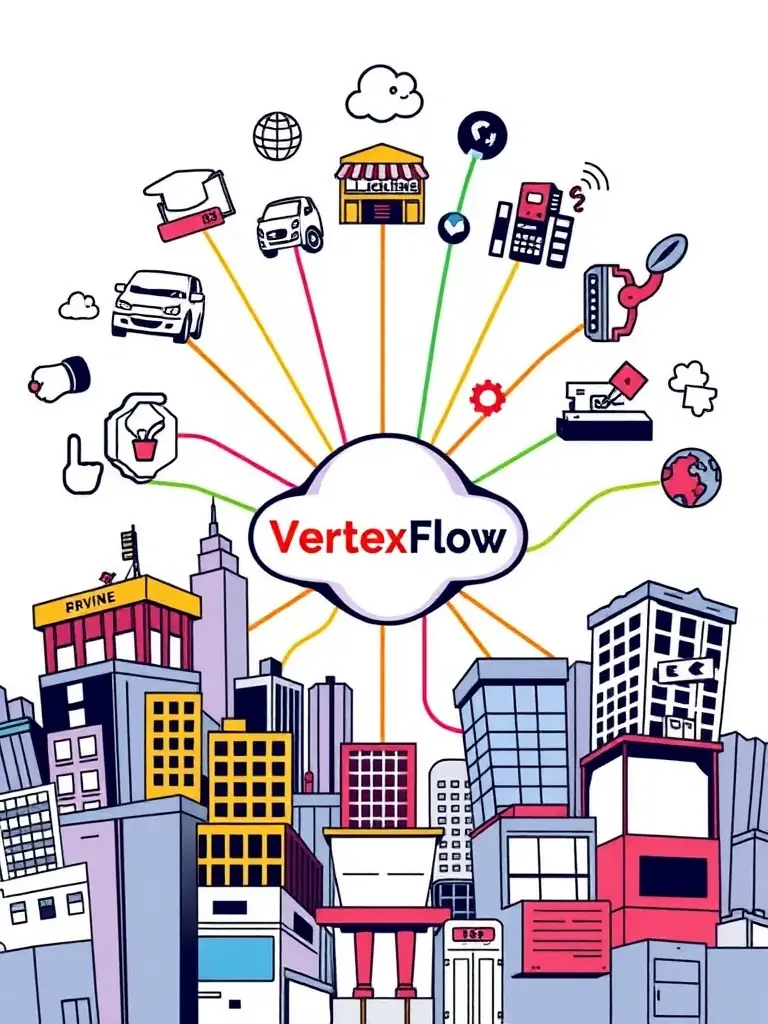 A graphic depicting various types of businesses (e-commerce, manufacturing, services) connected globally through VertexFlow's platform.