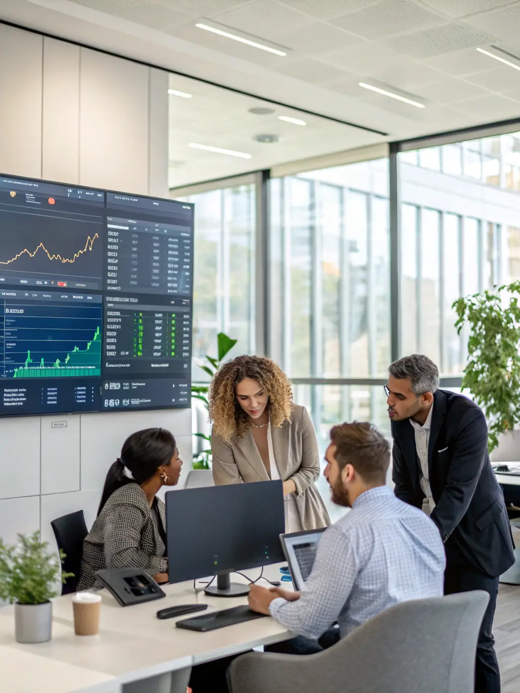A professional photo of a diverse team collaborating on a global transaction dashboard, showcasing real-time data and secure connections.