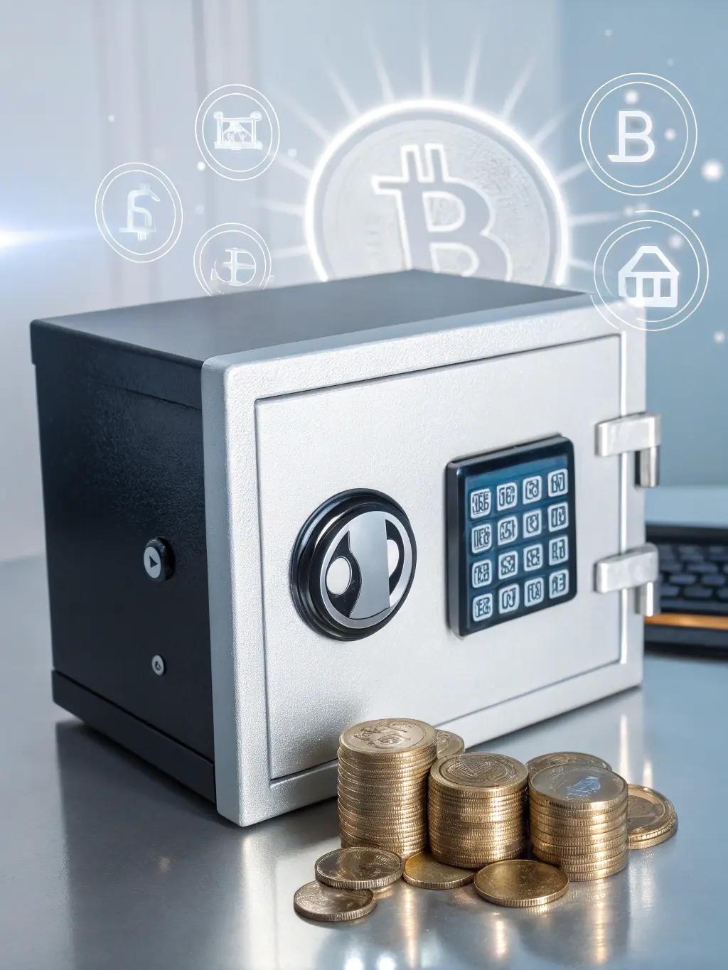An illustration of a secure digital vault with currency symbols floating around it, representing secure and compliant cross-border transactions.