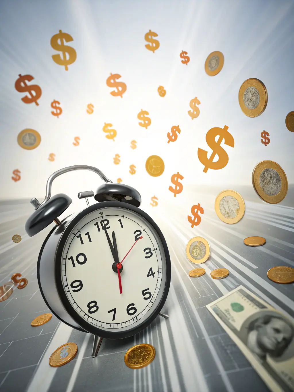 An icon depicting a clock with currency symbols, representing the time-saving benefits of using VertexFlow's streamlined payment processes.